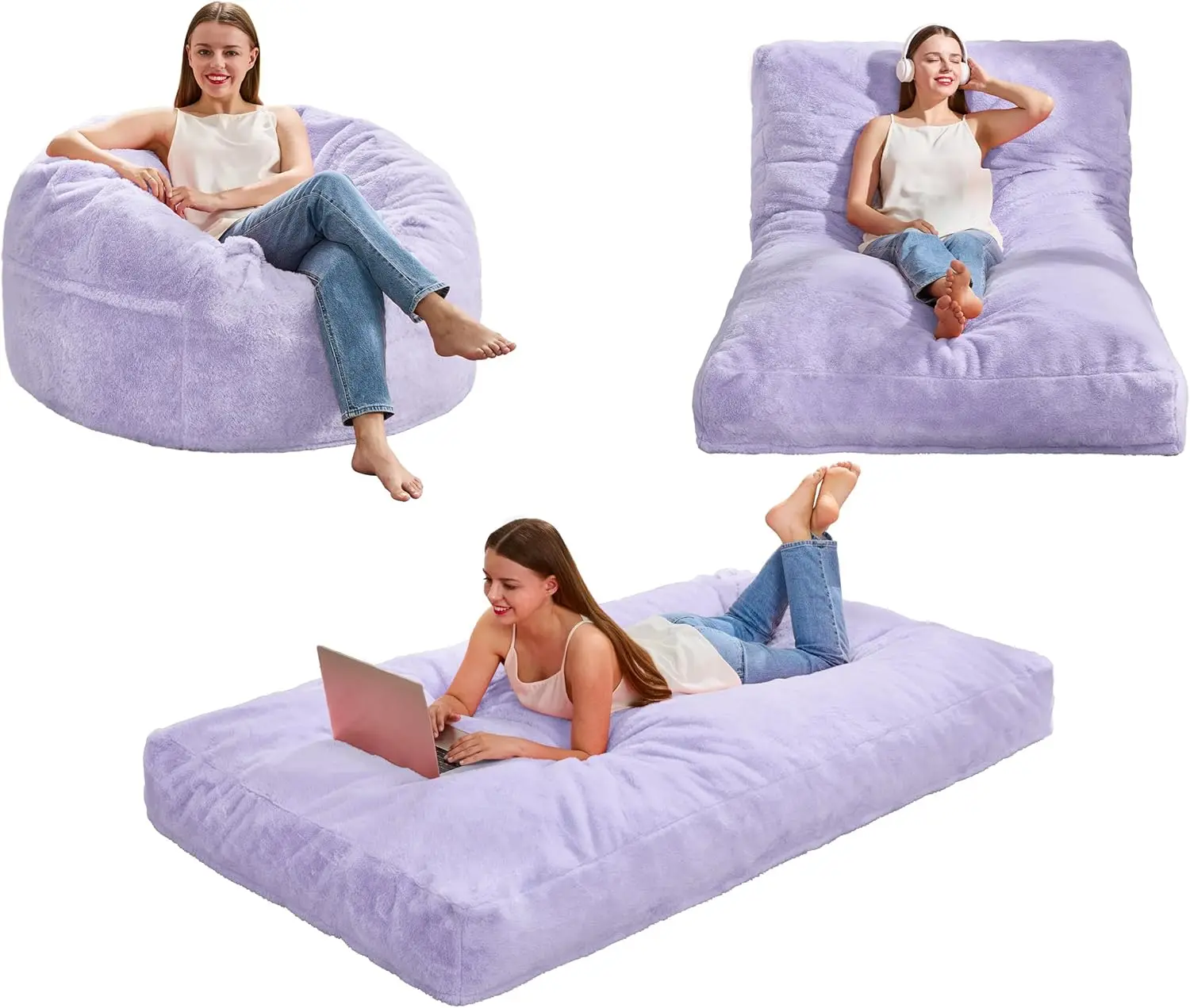 

3-in-1 Convertible Bean Bag Chair with Plush Faux Fur Cover, Twin Size, Purple - Perfect for Living Room & Bedroom