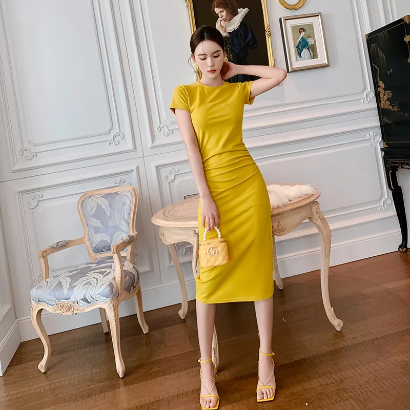 Novedad de verano, diseño de ropa para mujer, vestido fino plisado lateral con parte inferior del Abdomen, manga corta, cintura elástica