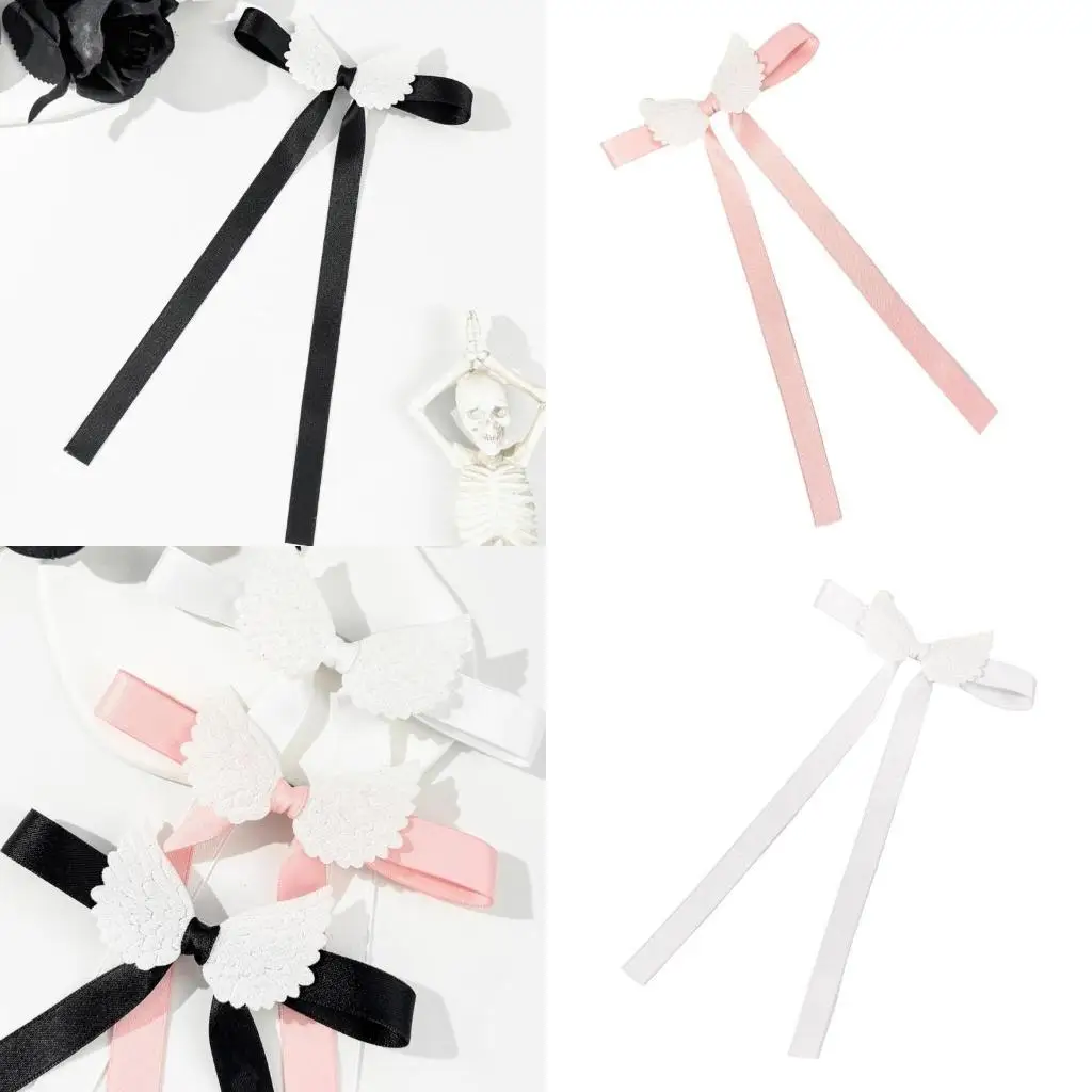 

A52E Silky Hair Clip Wing Gothic Silky Bowknot Balletcore Clip for Lady Girl
