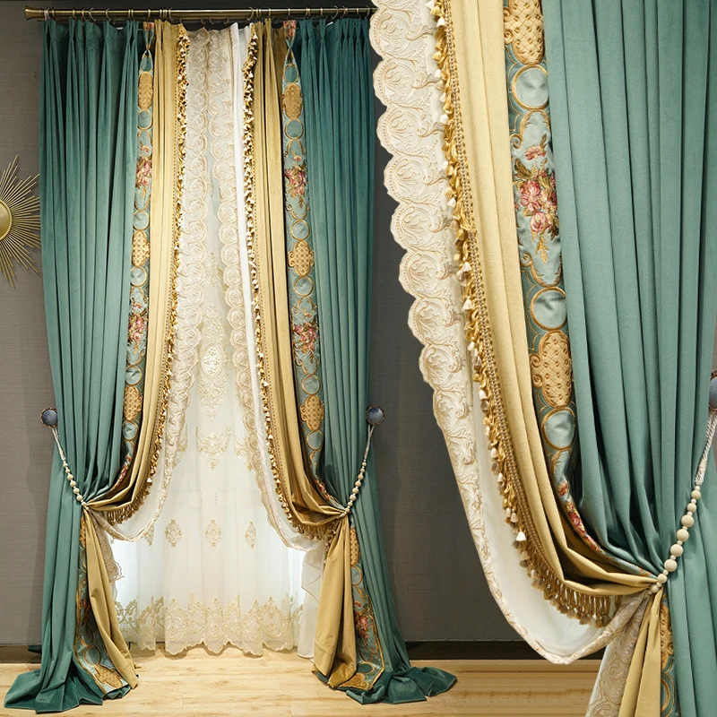 

Custom light green velvet embroidered cloth blackout curtain tulle drape C1103