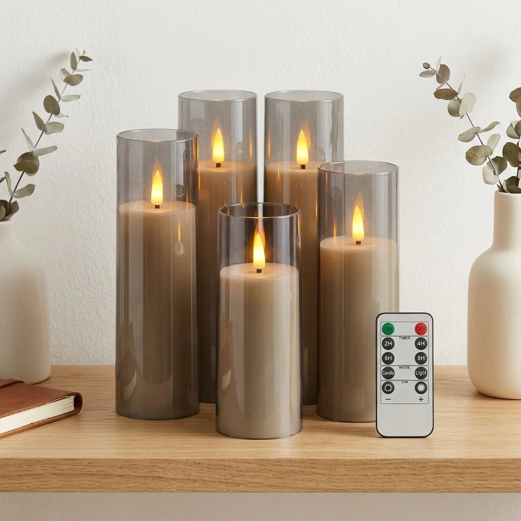 5er-Pack rauchgraue, nicht entflammbare LED-Kerzen mit Fernbedienung für rustikale, minimalistische und neutrale Heimdekorationen.