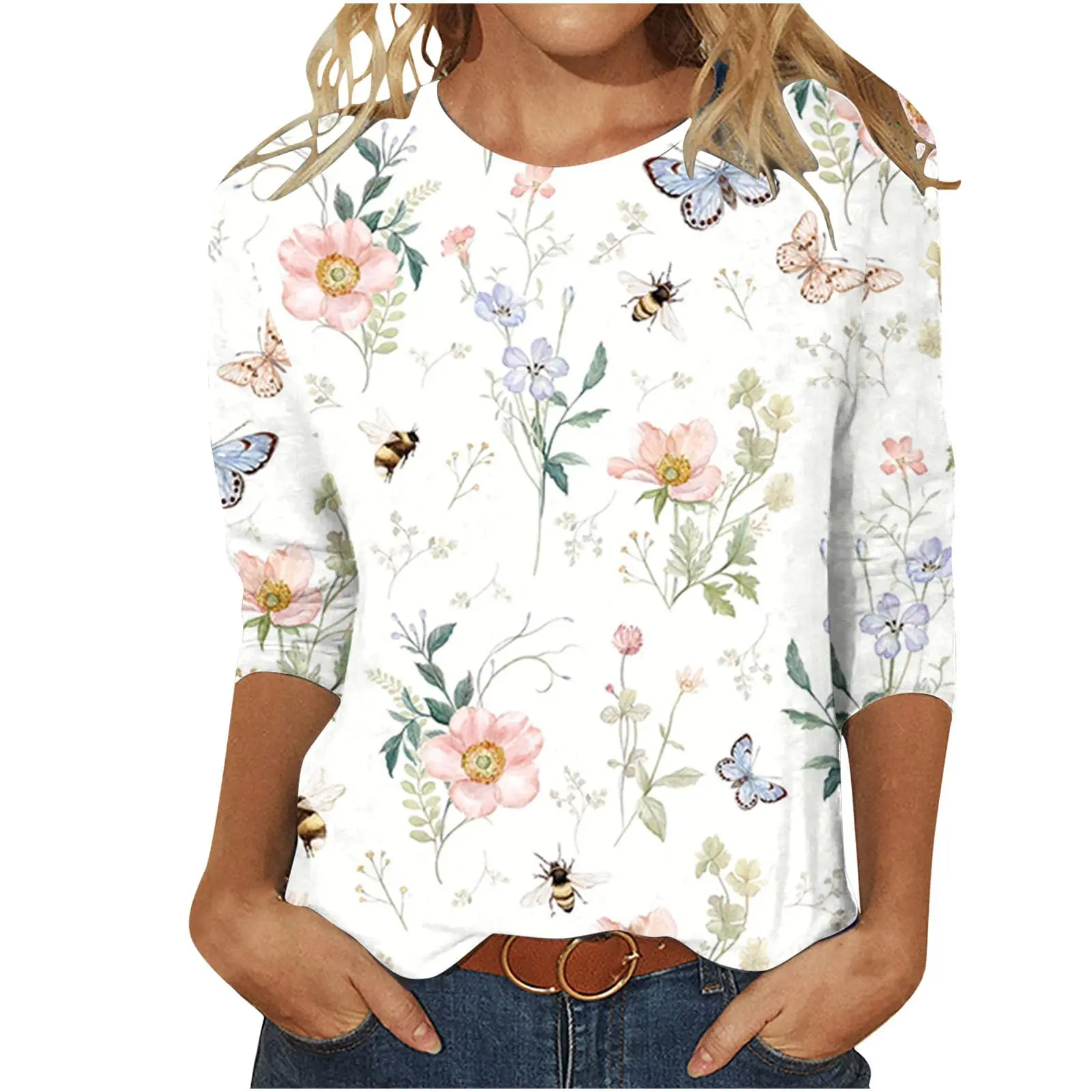 Women's Butterfly Fashion Print Long Sleeve T-shirt Sports Casual Cute Polyester Ultra-thin Round Neck Long Sleeve