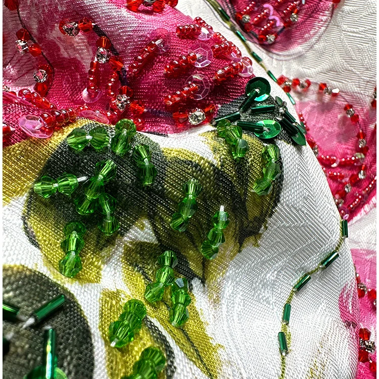 Französisches, elegantes, mit Perlen bedrucktes Sommerkleid aus der Schwerindustrie, Rundhalsausschnitt, ärmellos, hohe Taille, A-Linie, prominentes Abendkleid für Damen