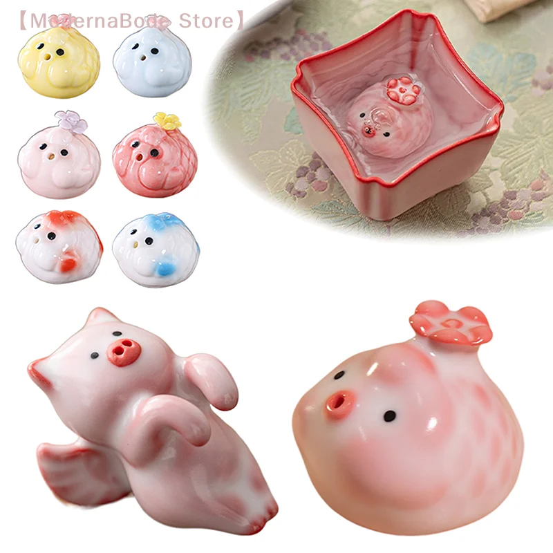 Keramik-Teehaustier Fischstatue Kleiner Fisch Spritzt Blasen Unter der Tassenboden Rosa Blasenspritzende Schweinchen-Deko für Wasserbecher Tassen Geschenk