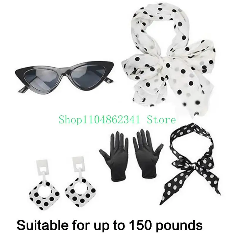 5asd 5 pezzi anni '50 Costumi da donna con Orecchini a fascia per cesto Polkas Dot Osservature per occhi Halloween Costume da