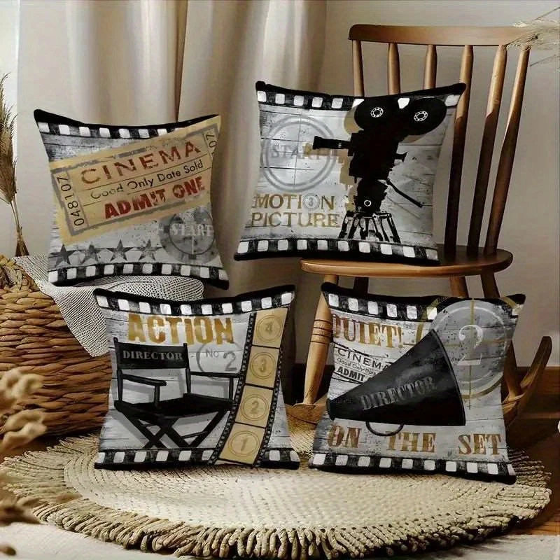 1PC 2D Flat Vintage Movie Theater Themed Throw Pillow Covers Retro Cinema Home Decor Cushion Cases No Pillow Core