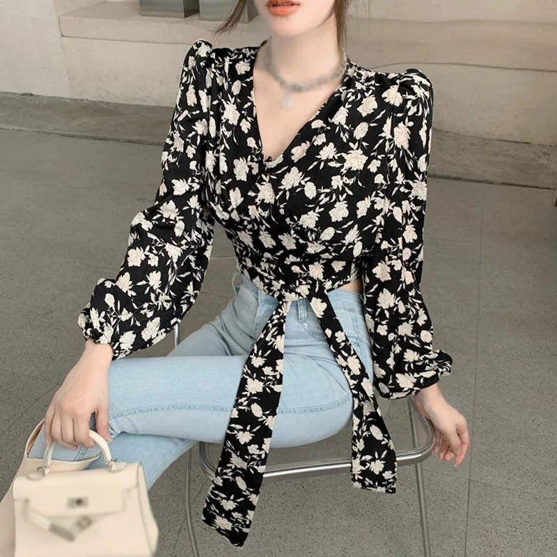 Spring Autumn Women\'s Floral Print Blouse V Neck Sexy Lace Exposed Navel Long Sleeves Chiffon Shirts Tops