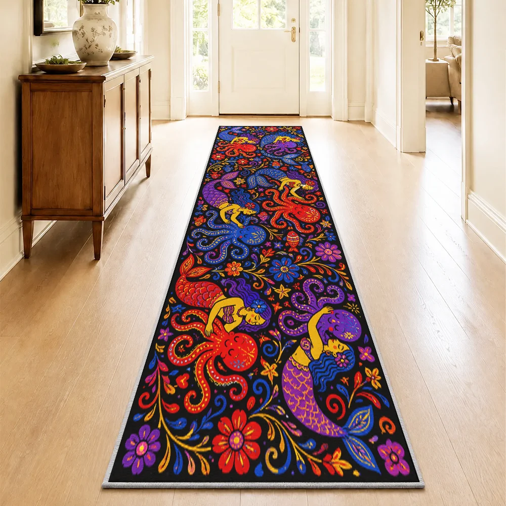 Abstract Mermaid Runner Rug Colorful Octopus Marine Animal Carpet For Hallway Luxury Living Room Kitchen Entrance Floor Mat