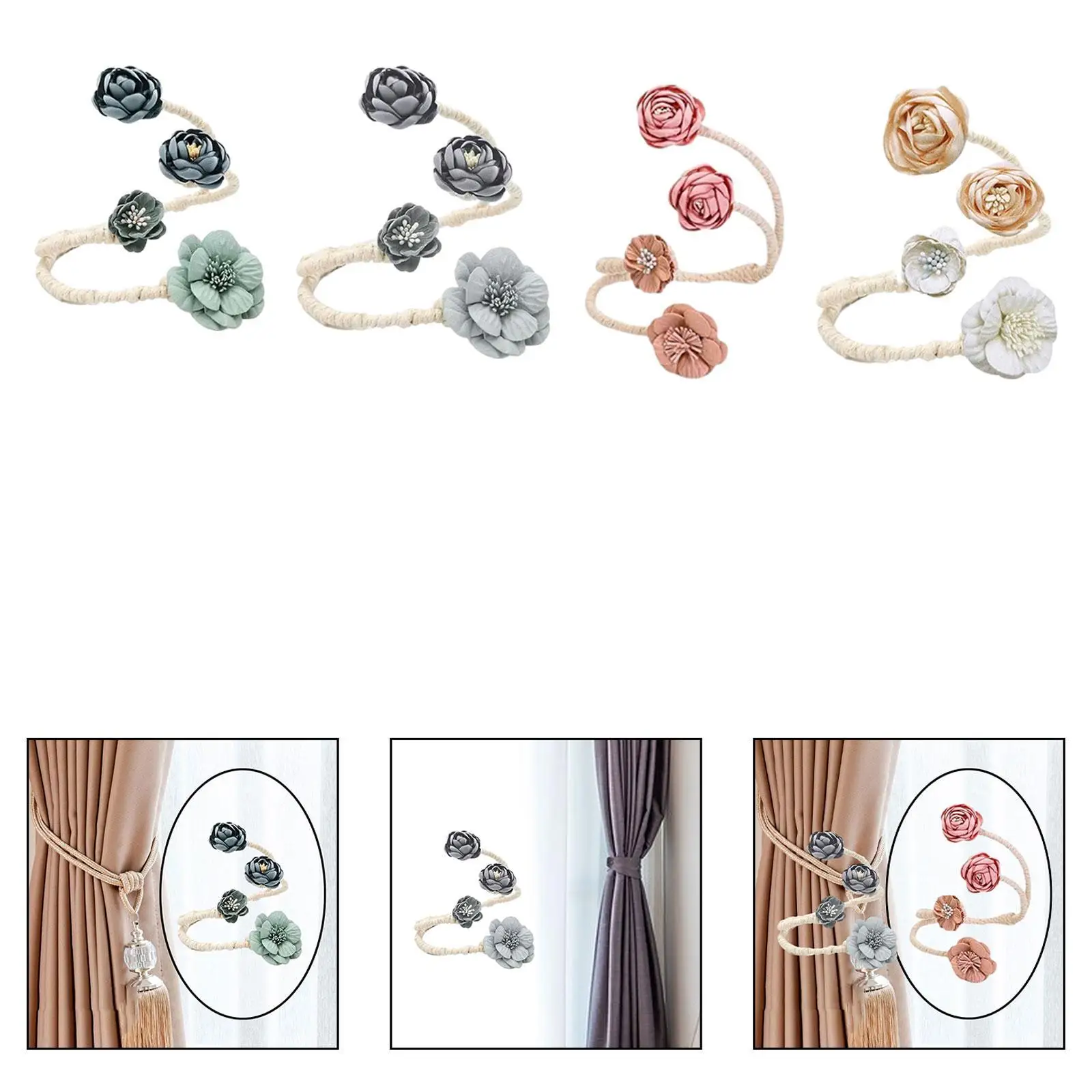 Curtain Holdback Clip Window Drape Twist Tie Back Adjustable Bohemian Artificial Flower String for Home Bedroom Nursery