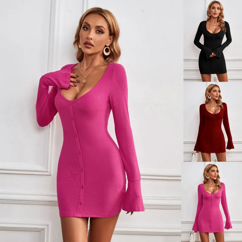 

2025 Barbie Pink Women's Clothing Sexy Hip Skirt Single-BreastedUKnitted Long Sleeve Dress C001