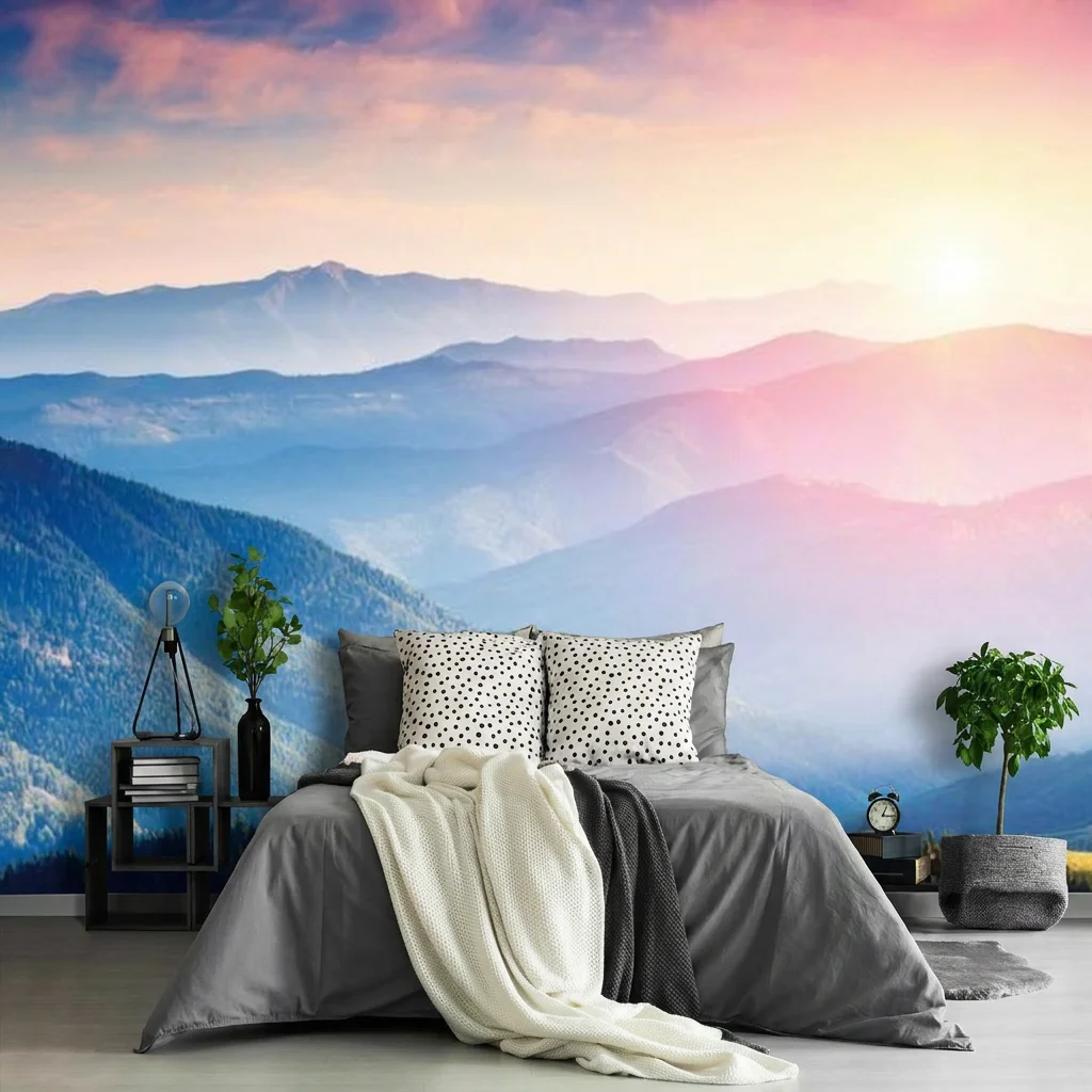 Layered mountain ranges, natural healing, background wall for living room and bedroom, self-adhesive material.