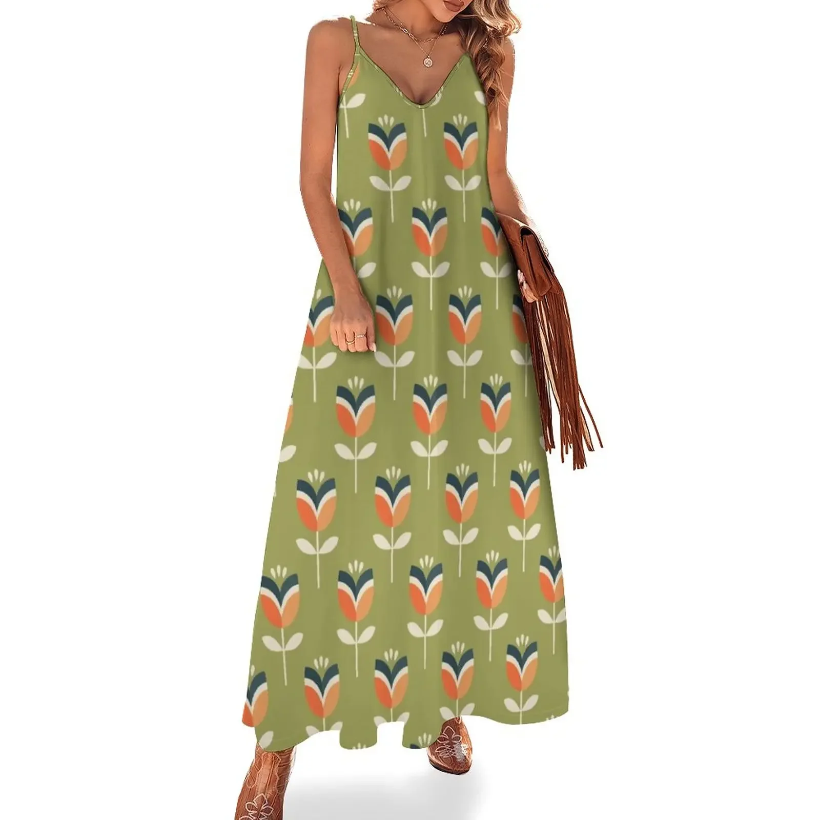 

Retro Tulip - Orange and Olive Green Sleeveless Dress Women's summer suit cute dress