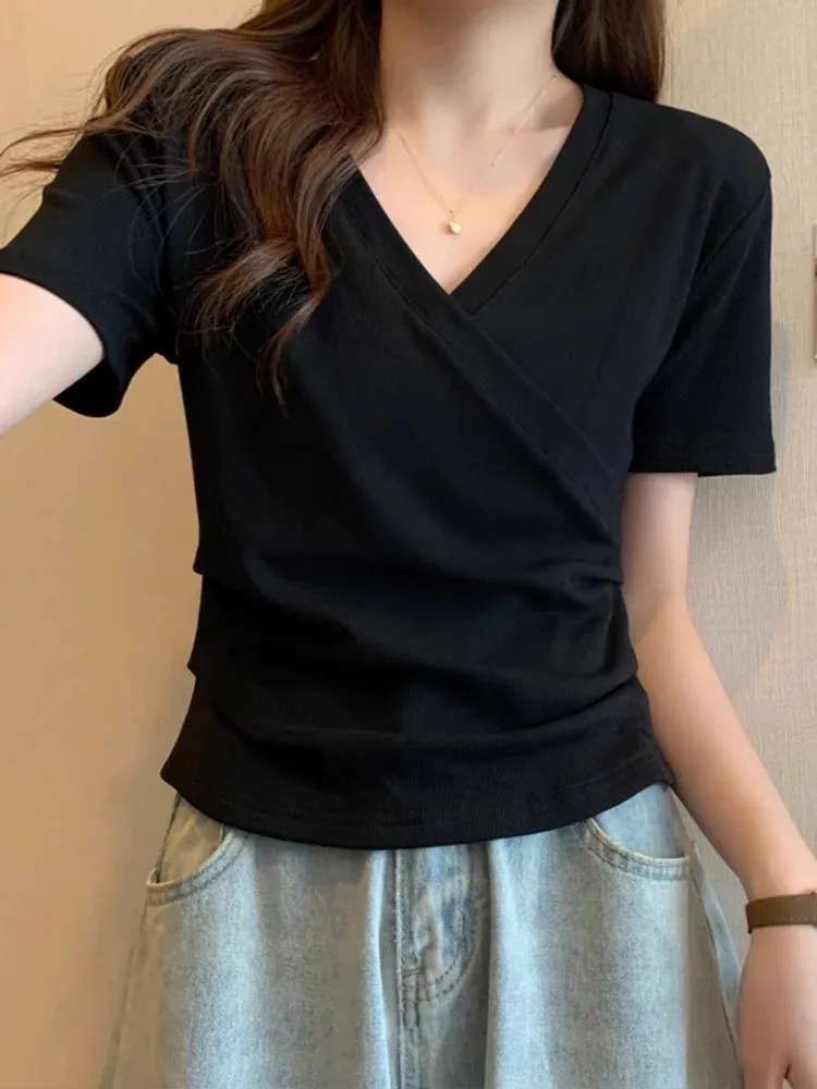 Slim Fit Summer Short Sleeve T-Shirt Women's Cross V-Neck Short Top Fashionable Breathable Casual Cotton Tee Half Sleeve Shirt