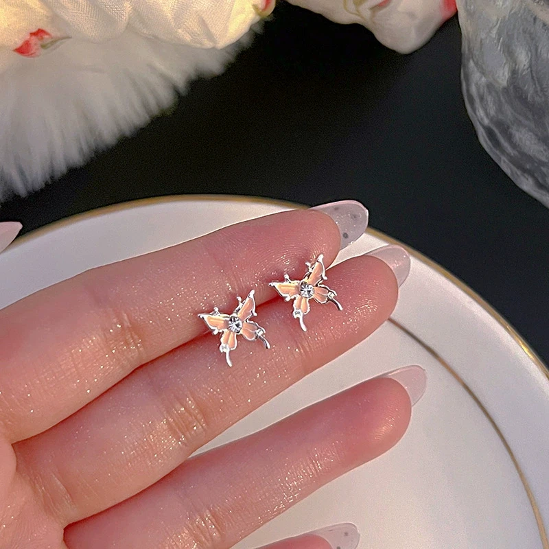 Butterfly Mini Small Crystal Stud Earring for Women Blue Pink Color Sweet Temperament Jewelry Christmas Girlfriend Gift