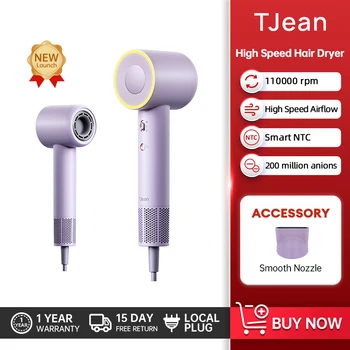 TJean 고속 헤어 드라이어 미니 송풍기, 음이온 35 m/s, 공기 속도 110000RPM, 200 만
