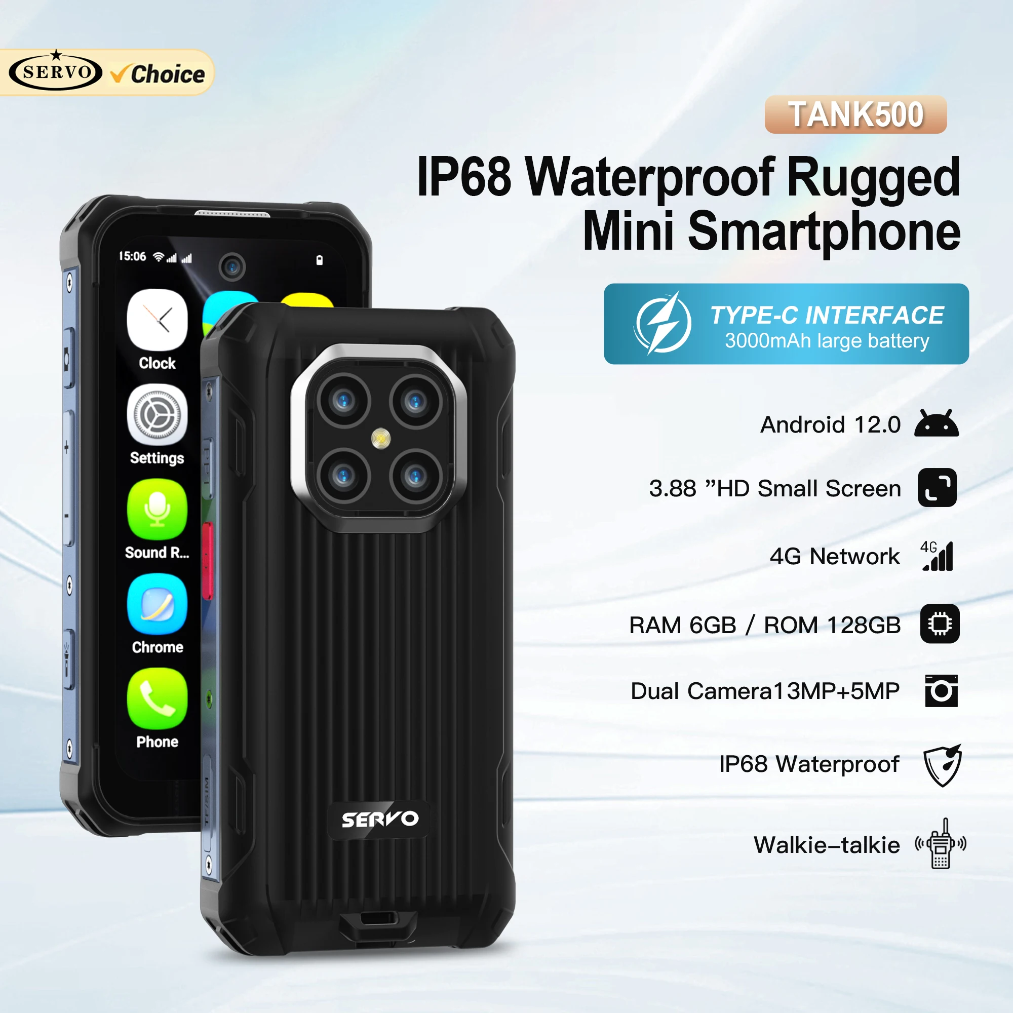 SERVO TANK500 Mini 4G Rugged Smartphone IP68 Waterproof Android 12 OS 6GB+128GB Play Store WiFi Face Unolck PTT Mini Smart Phone