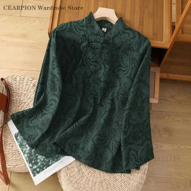 Improved Artistic Vintage Button Shirts Retro Ethnic Style Shirt Chinese Zen Jacquard Tops Women's Tang Clothes Hanfu Blouse