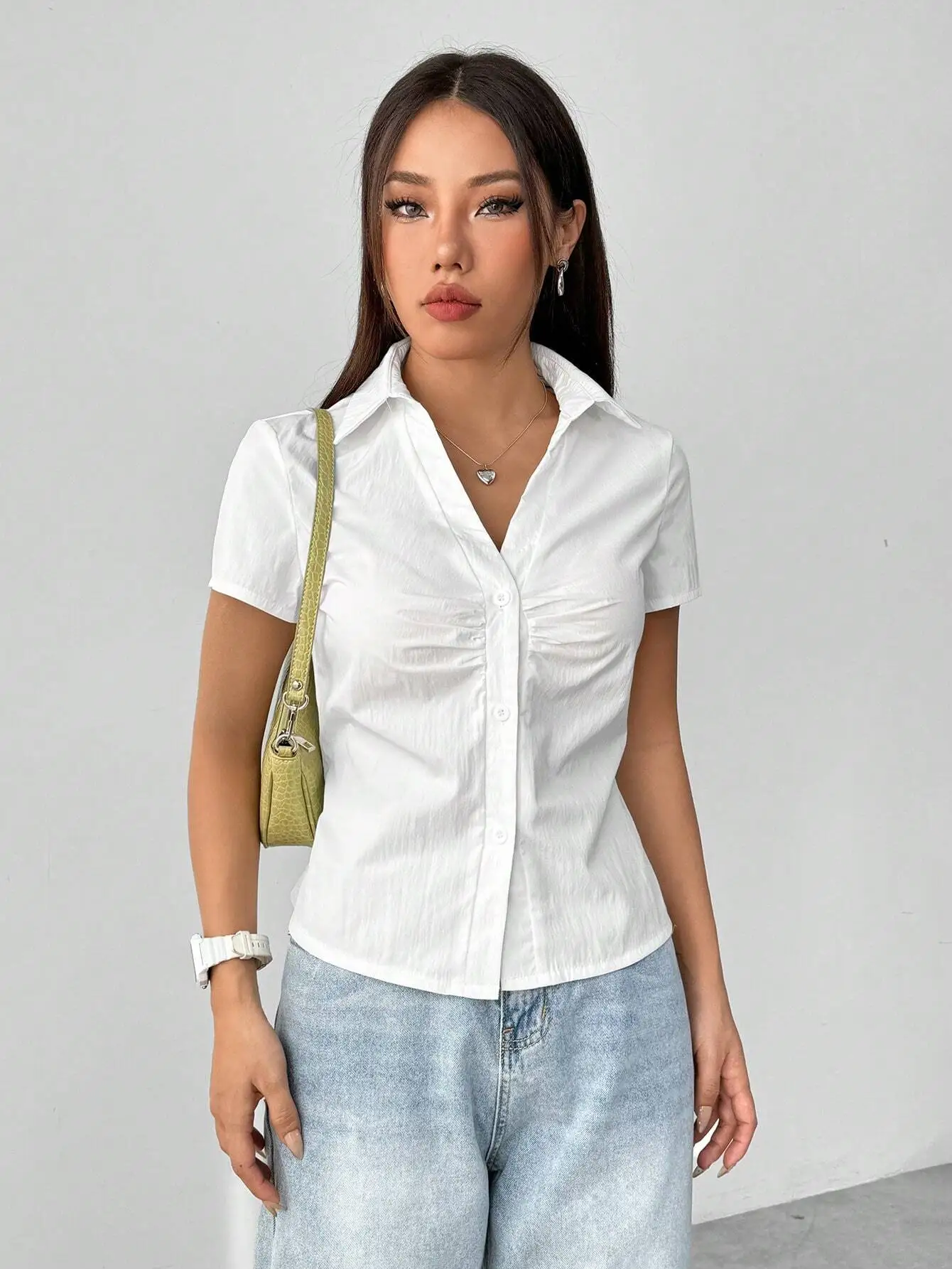 

Women's Solid Color Short Sleeve Casual Shirt With Ruched Detail