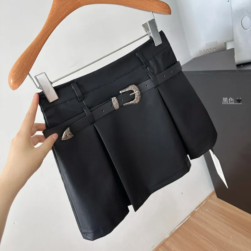 Retro American Vintage Leather Short Skirt Belt Women 2024 PU Half Body Color Blocked Pleated High Waisted A-Line Skirt New