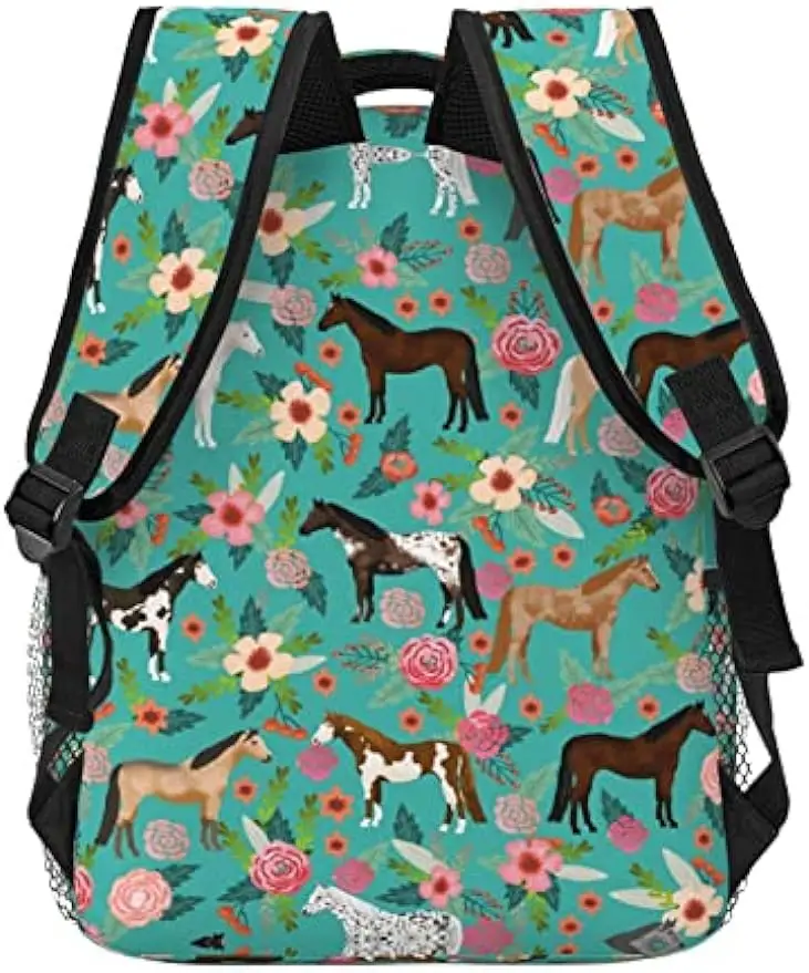 Horses Floral Horse Breeds Farm Animal Pets Flowers Pattern Backpack for Women Boys Teens School Backpacks Students Bookbag