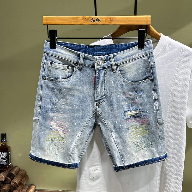 Summer Fashion Men Jeans Retro Light Blue Stretch Slim Painted Short Ripped Jeans Embroidery Designer Hip Hop Denim Shorts Men