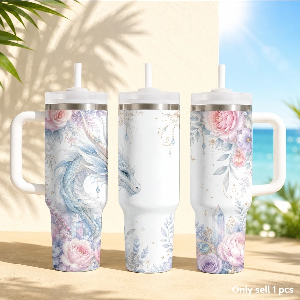 Cool Dragon Design Vacuum Flasks 40oz Stainless Steel Insulated Tumbler with Handle & Straw Leakproof Travel Mug