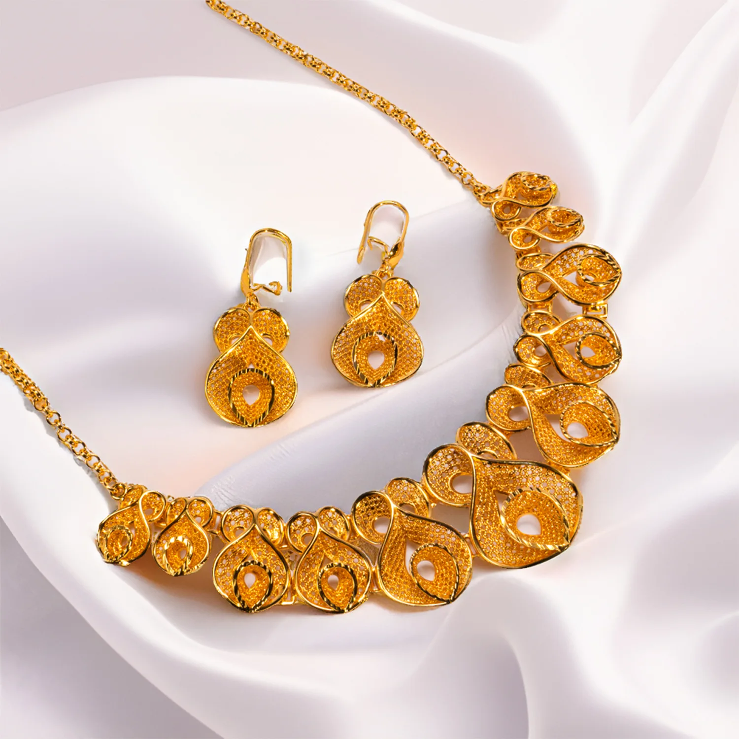 9999 Gold Flower Necklace and Earrings Set for Women, Dubai, Indonesia, Nigeria, Wedding Jewelry