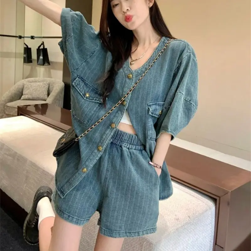 Loose Denim Suit Women Short Coat Top Summer 2024 New Everything Matching Wide Leg Short Pants Fashion Two-piece Set Solid Color