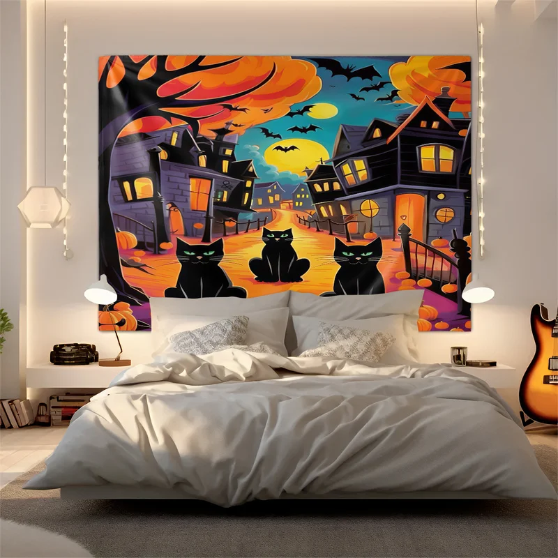 Retro Halloween Spooky Tapestry Car Spider Castle Pumpkin Skull Print Wall Hanging Fashion Lightweight Backdrop Wall Decor Gift