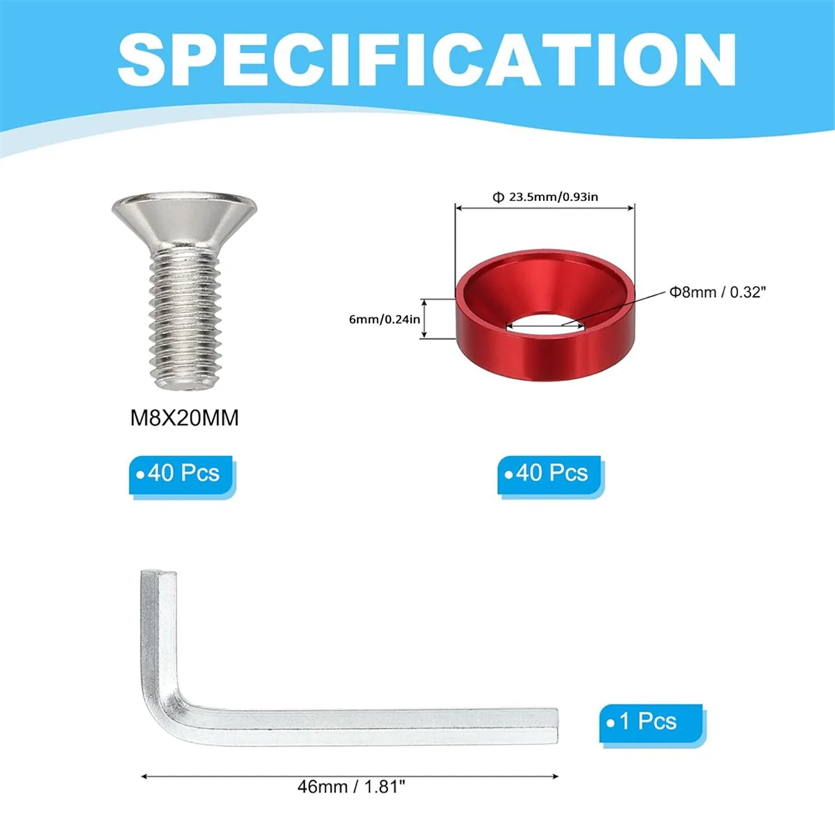 

A002 M8 Комплект шайб с отделкой потайной головкой, 40 комплектов прокладок болта с плоской головкой из алюминиевого сплава для механических аксессуаров