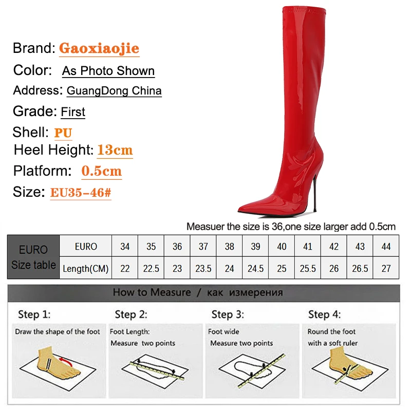 Red Pointy Knee-High Boots Women Sexy 13CM Thin Heels High Heels Shoes Female Fashion Side-zipper Sexy Autumn New Boots Size 46