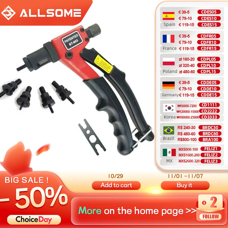 

ALLSOME BT-603 Manual Riveter Gun Hand Rivet Tool Kit Rivet Nut Setting Tool Nut Setter M3/M4/M5/M6