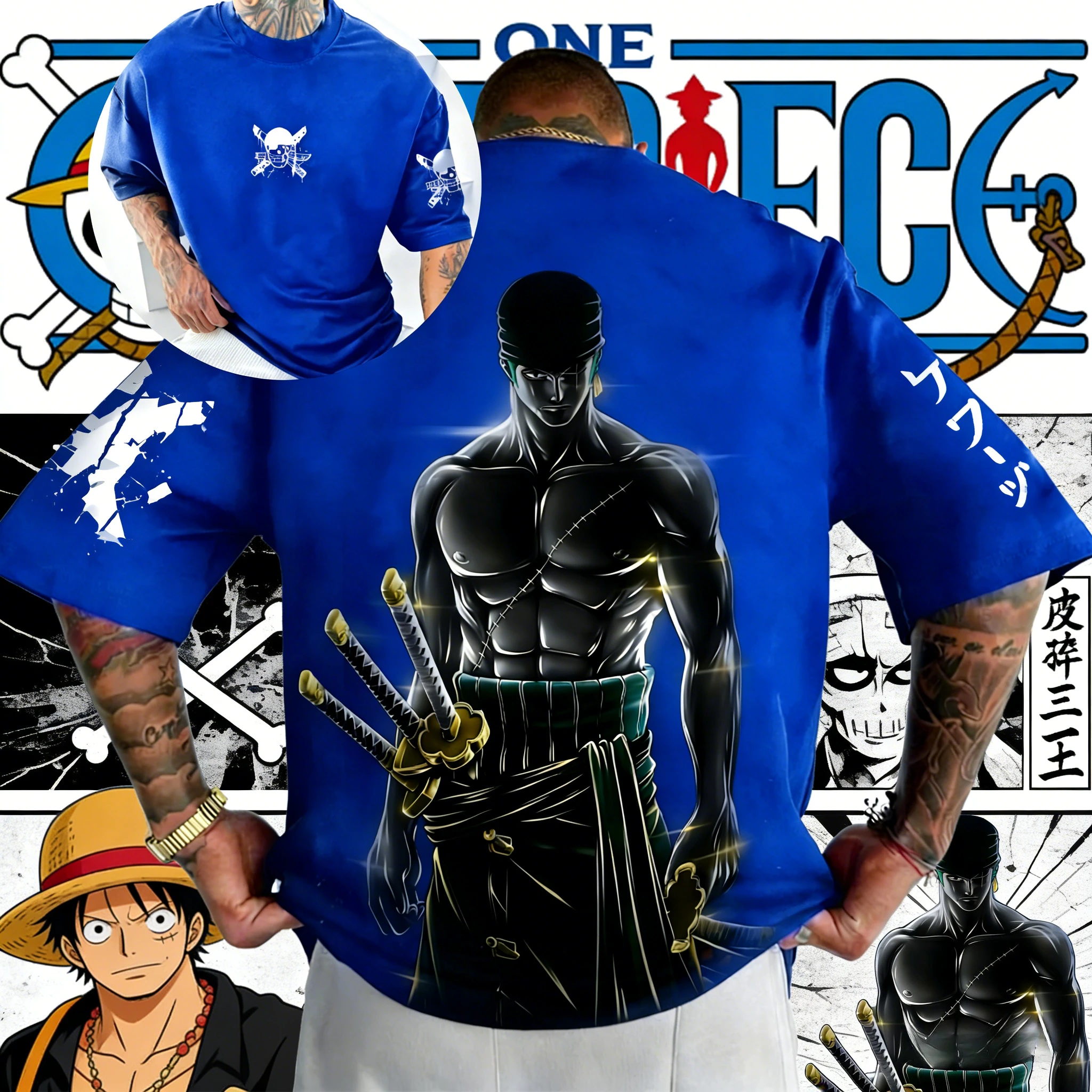 

Футболка хлопковая One Piece Roronoa Zoro 2026 с винтажным принтом «Три меча», короткий рукав, уличный стиль, для мужчин, женщин, подростков, фанатов аниме
