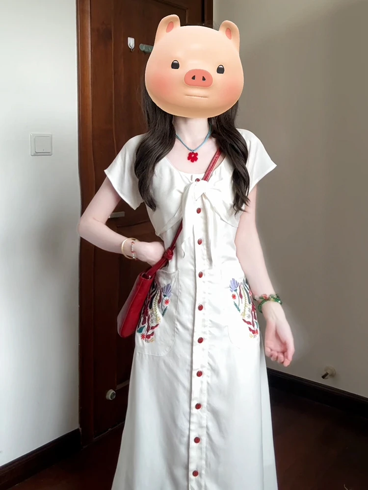 Robe brodée rétro blanche pour femmes, nouvelle collection été 2021, taille haute, ligne a, Dr Ele, jupe longue qui emettant la taille, douce