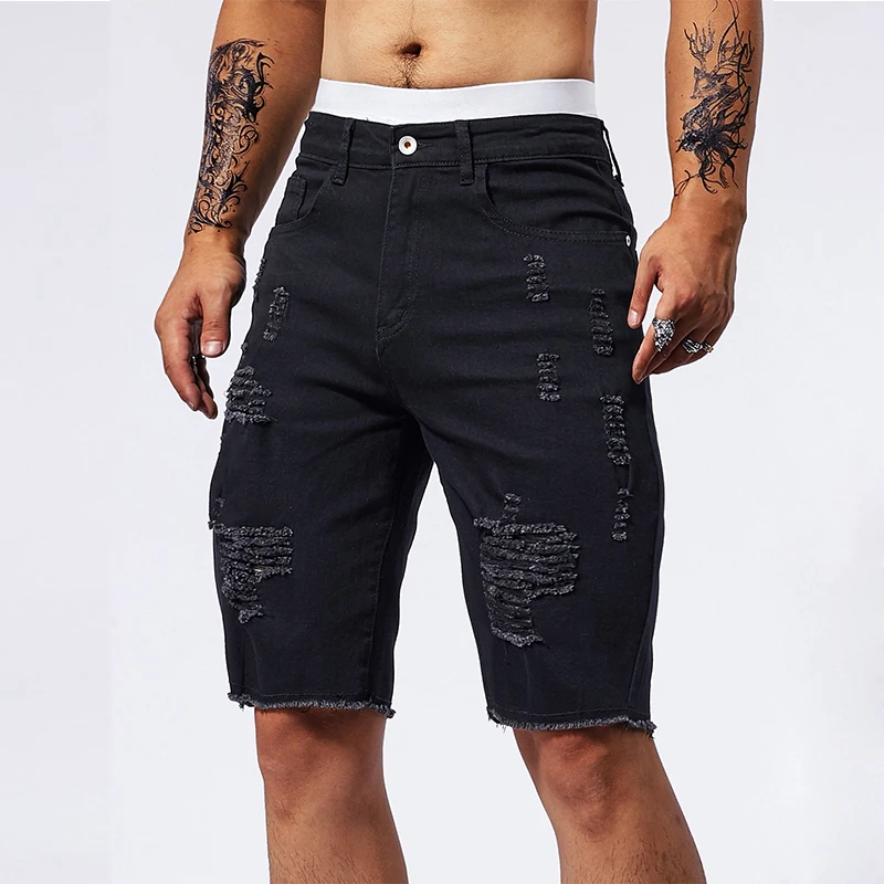 Vintage Denim Shorts Men\'s American Stretch Slim Jeans Fashion Ripped Streetwear Male Hole Frayed Short Pants Blue Black