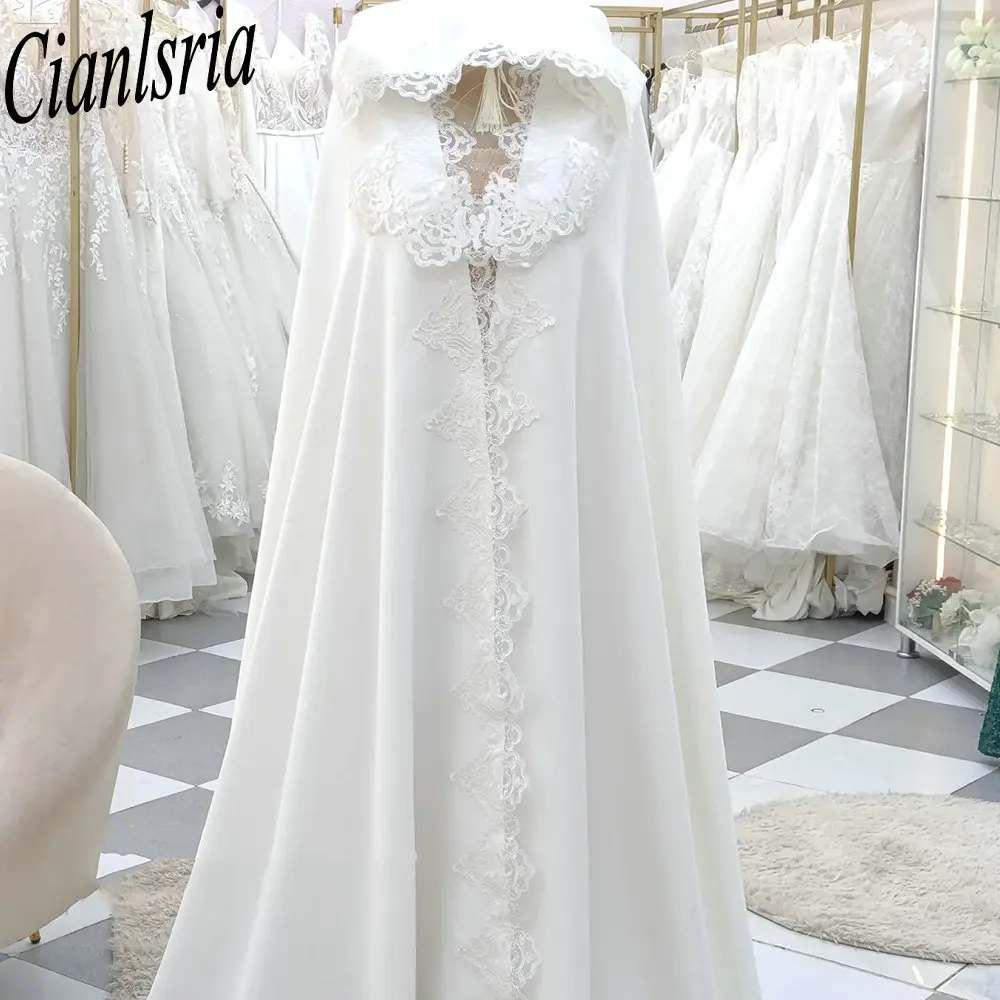 Lace Applique Hooded Satin Long Bridal Cape White Floor‑Length Wedding Cloak Front Lace Trim Bridal Cover for Wedding