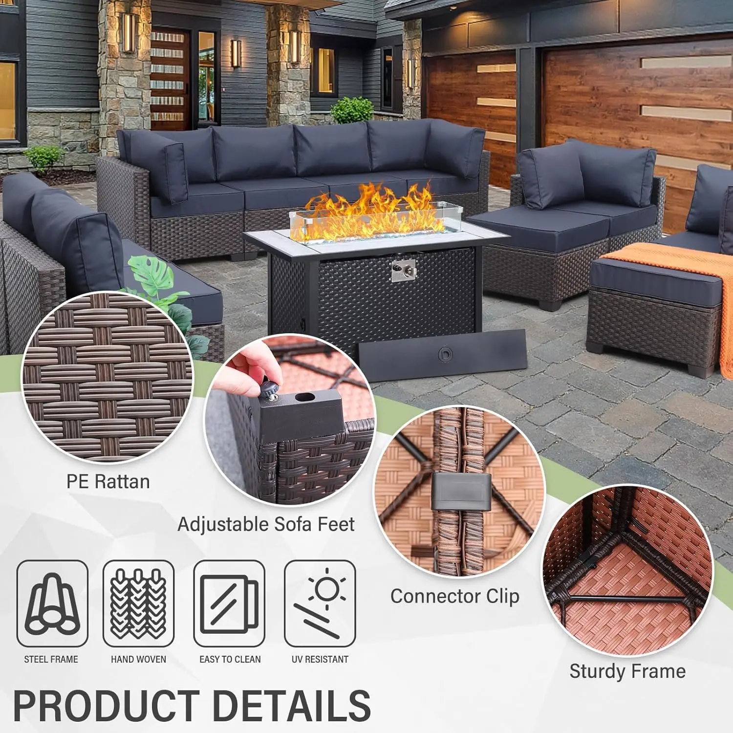 Outdoor Patio Furniture Set  Rattan Sectional Sofa PE Wicker Conversation Chairs with  Fire Pit Table and Non-Slip   Cushion