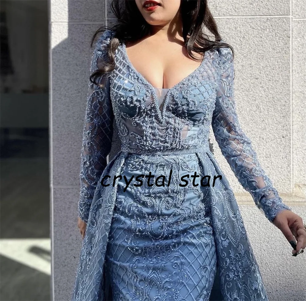 Dubai Elegant Beaded Muslim Blue Long Mermaid  With Train Luxury Evening Dresses Gowns for Woman  Party  Formal Dress HO1052