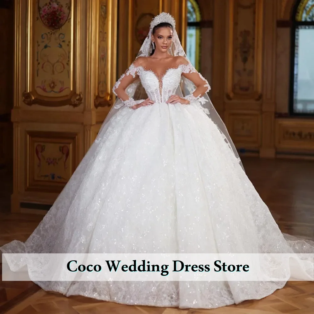 Customized Exquisite Lace Long Sleeve Beads Crystal Sequins Shiny Gorgeous Ball Gown Wedding Dresses Vestidos De Novia
