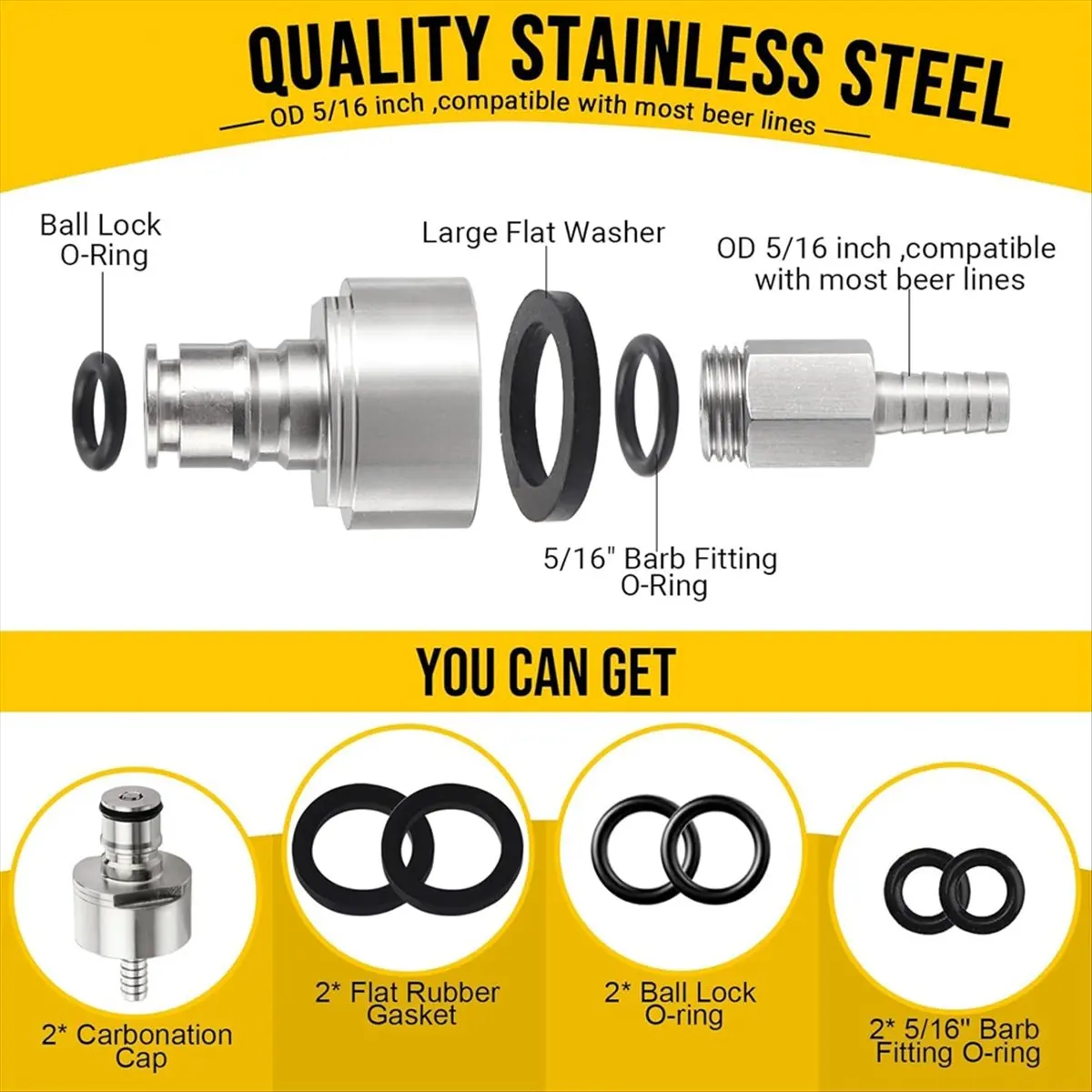 ABUA 2PCS Stainless Steel Force Carbonation Cap for Soda Bottle Carbonation Cap with 5/16inch Beer Nipple Barb Ball Lock Cap