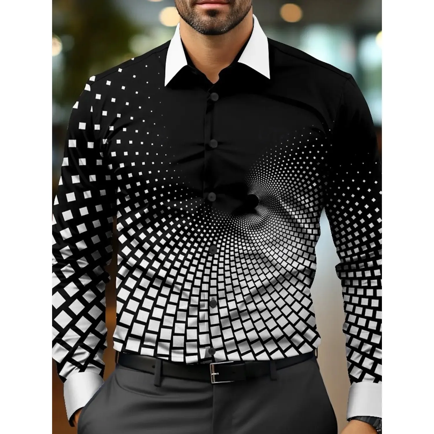 Men's Geometric Casual Business Dress Shirt Button up Thickened Fleece Lined Autumn  Collar Nine Sleeve Length