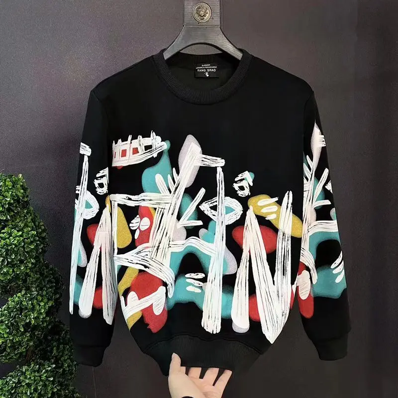 بلوزات رجالية سميكة قطيفة مع طباعة جرافيتي ، رقبة مستديرة ، أكمام طويلة ، بلوفر فضفاض ، ملابس الشارع الكورية ، العصرية ، Y2K ، الخريف ، الشتاء