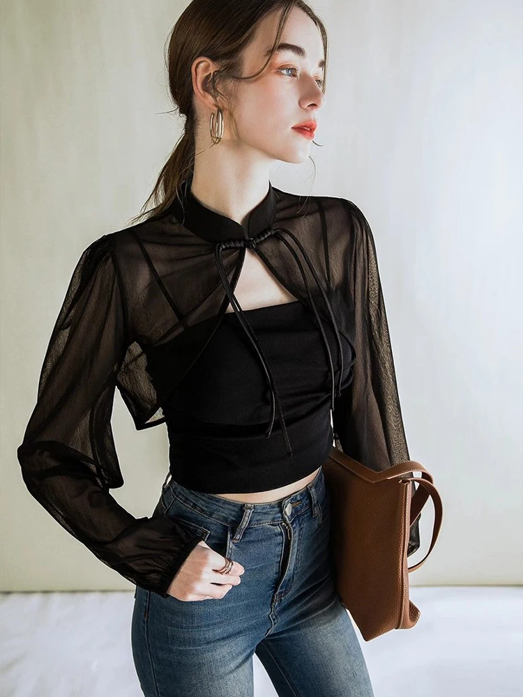 

Bla ort Svel awl Collar Long Sve Sunscreen Me Sand irt with Strap Dr Small Open Cardigan Trendy Lace Top