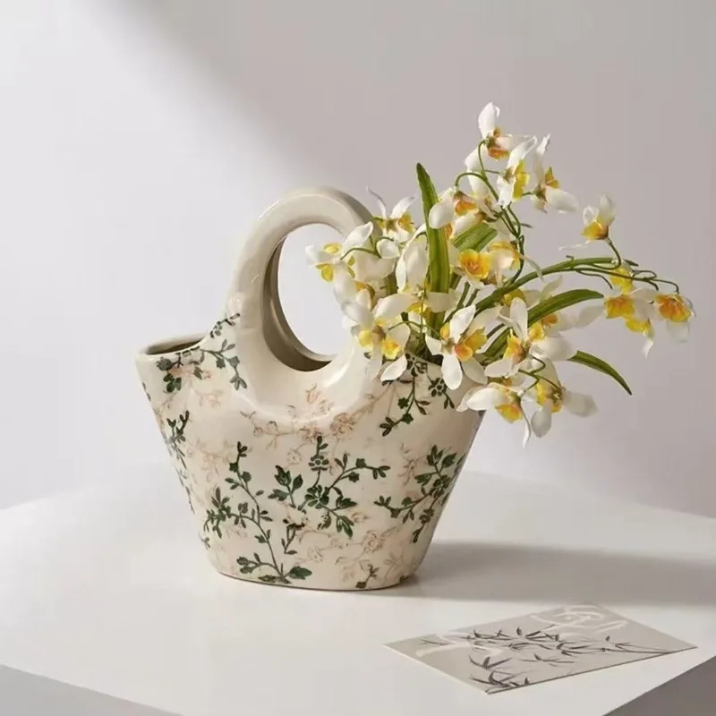 Handheld Ceramic Vase Accessories, Living Room, Hydroponic Flower Arrangement, Retro Pastoral Style