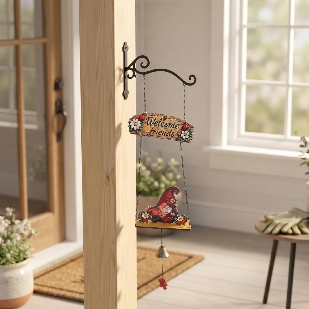 Rustic Metal Bell Gnome Welcome Sign Integrated Rustic Finish Gnome Doorbell Decor 7.1x16.9in Outdoor Welcome Ornament For Patio
