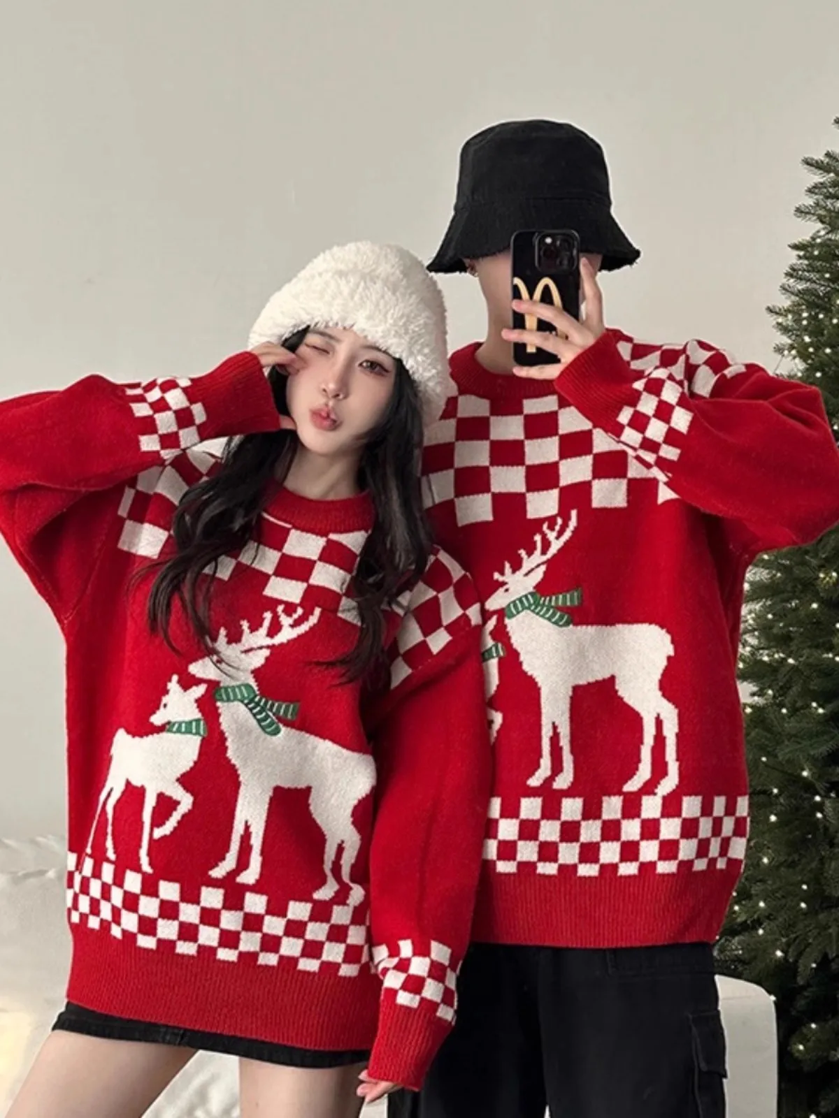 

Cisas Одинаковая одежда для пар, вязаный свитер с узором оленя, красный, новогодний, элитный, женский, мужской, осенне-зимний, для отдыха...
