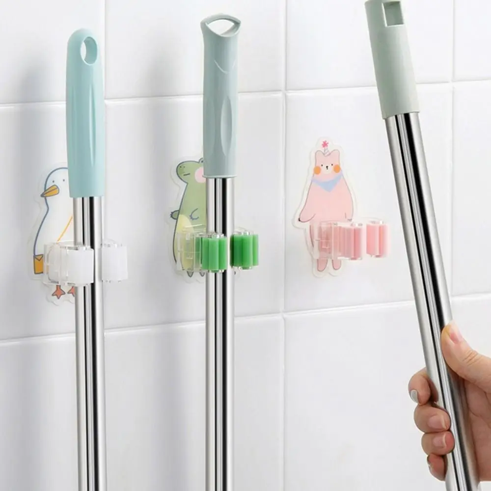 Punch-free Cartoon Broom Hanger Wall Mounted Plastic Mop Broom Storage Hook Waterproof Strong Viscose Mop Holder Clip Kitchen