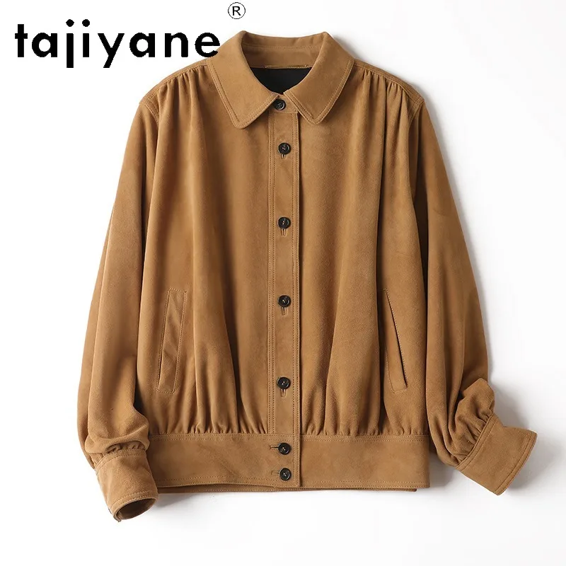 TAJIYANE Genuine Leather Jacket Women Vintage Goatskin Suede Leather Coat Baseball Jackets Lapel Outerwear Streetwear Косуха
