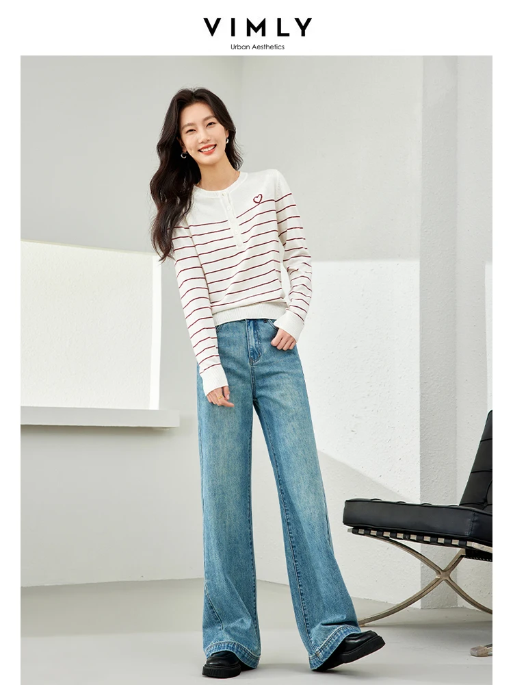 Vimly-Pull en laine mélangée pour femme, haut rayé à manches longues, pulls en tricot à col rond, printemps 2024, 72880