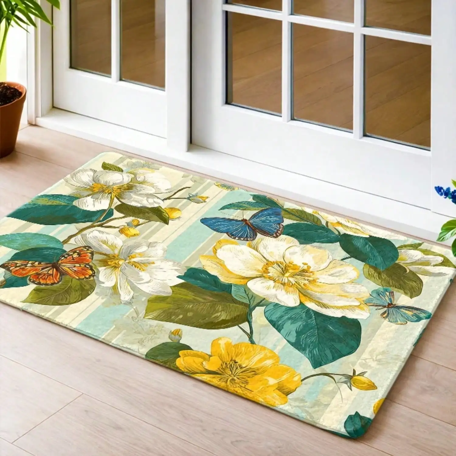 1pc,Non-Slip Rubber Backed Flannel Rug, Vintage Floral Butterfly Pattern, Durable And, Machine Washable, Universal Door Mat Carpet, Suitable For Living Room